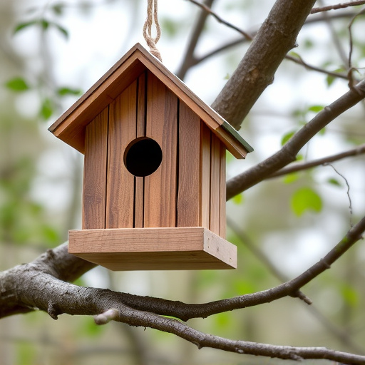 Wooden bird box on tree branch