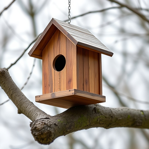 Wooden bird box on tree branch