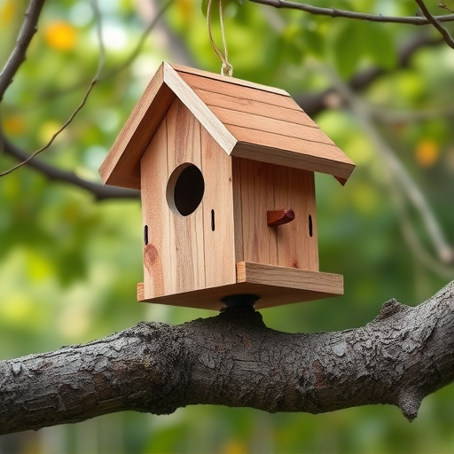 Wooden bird box on tree branch