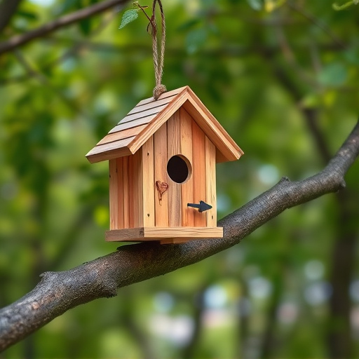 Wooden bird box on tree branch