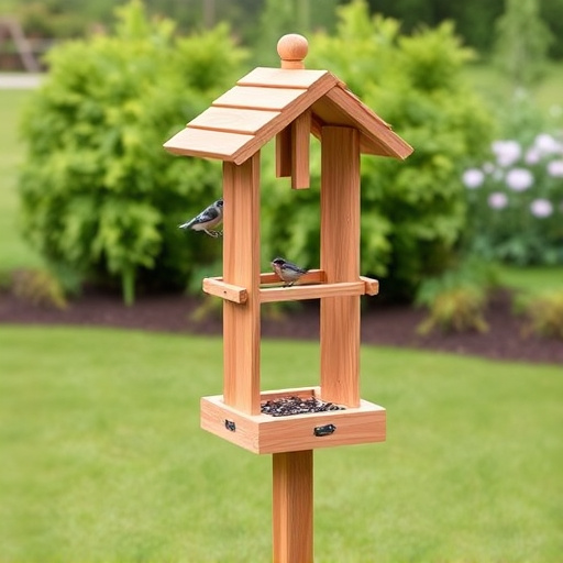 Wooden freestanding bird feeder on lawn