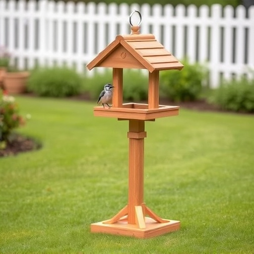 Wooden freestanding bird feeder on lawn