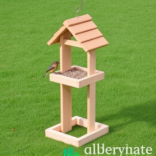 Wooden freestanding bird feeder on lawn