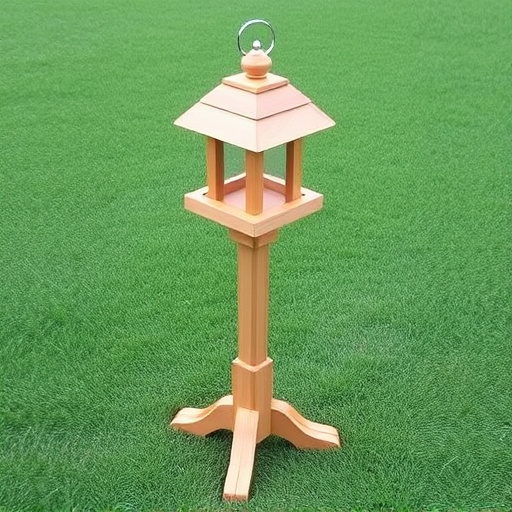 Wooden freestanding bird feeder on lawn
