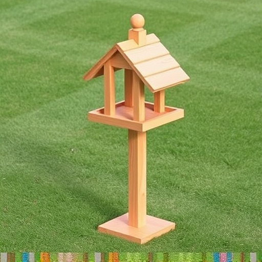Wooden freestanding bird feeder on lawn