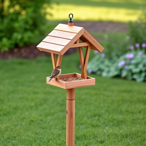 Wooden freestanding bird feeder on lawn