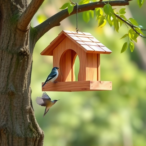 Wooden hanging bird table in tree