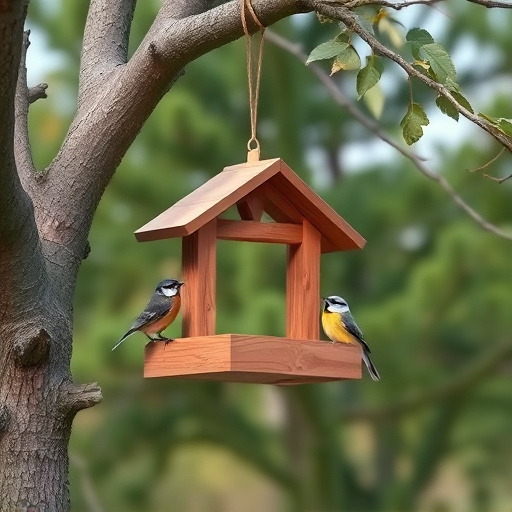 Wooden hanging bird table in tree