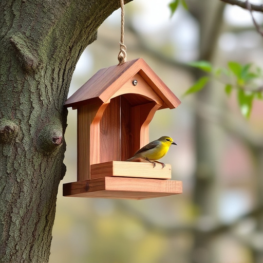 Wooden hanging bird table in tree
