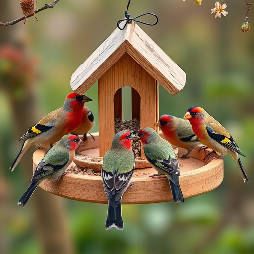 Wooden tray feeder surrounded by finches
