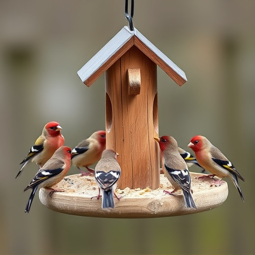 Wooden tray feeder surrounded by finches