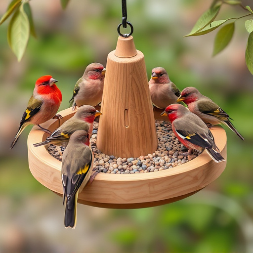 Wooden tray feeder surrounded by finches