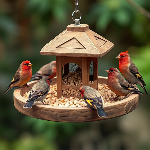 Wooden tray feeder surrounded by finches