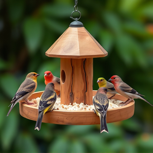 Wooden tray feeder surrounded by finches