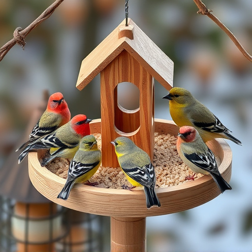 Wooden tray feeder surrounded by finches