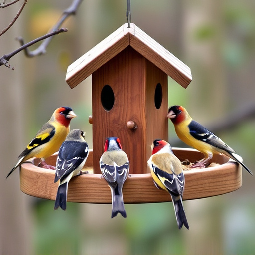 Wooden tray feeder surrounded by finches