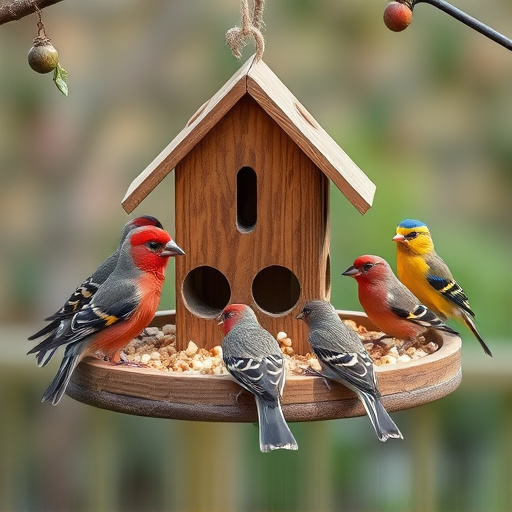 Wooden tray feeder surrounded by finches