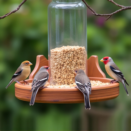 Wooden tray feeder surrounded by finches