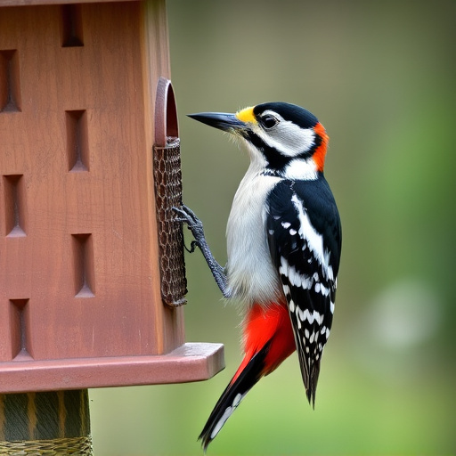 Woodpecker feeding on suet block
