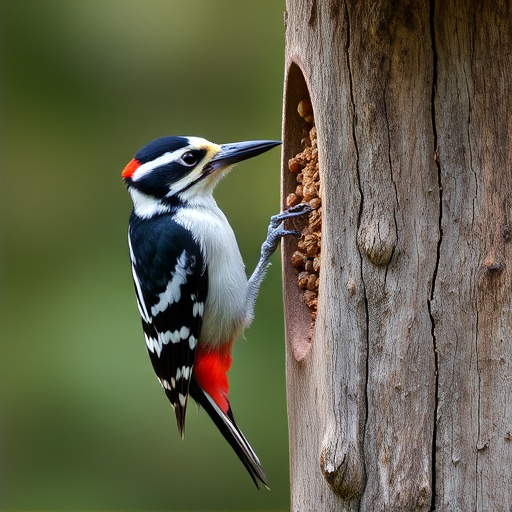 Woodpecker feeding on suet block