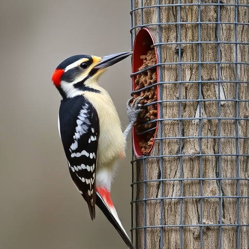 Woodpecker feeding on suet block