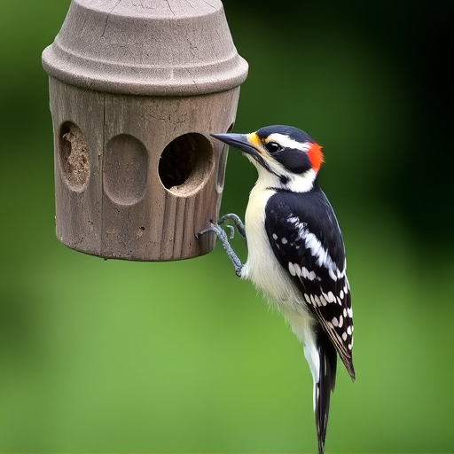 Woodpecker feeding on suet block