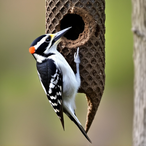 Woodpecker feeding on suet block