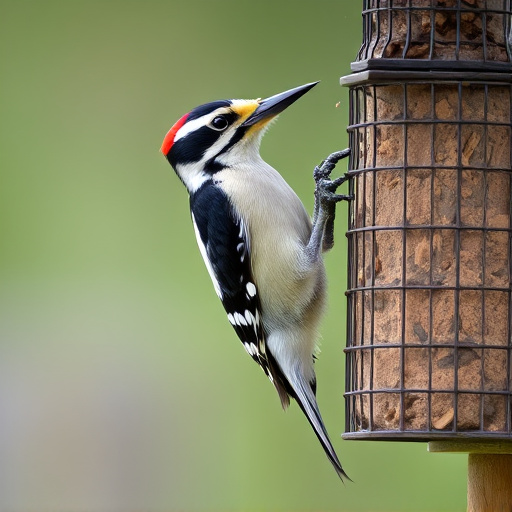 Woodpecker feeding on suet block
