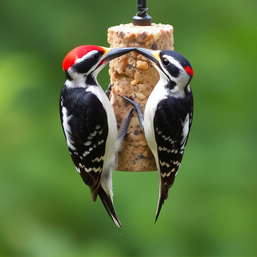 Woodpecker feeding on suet block
