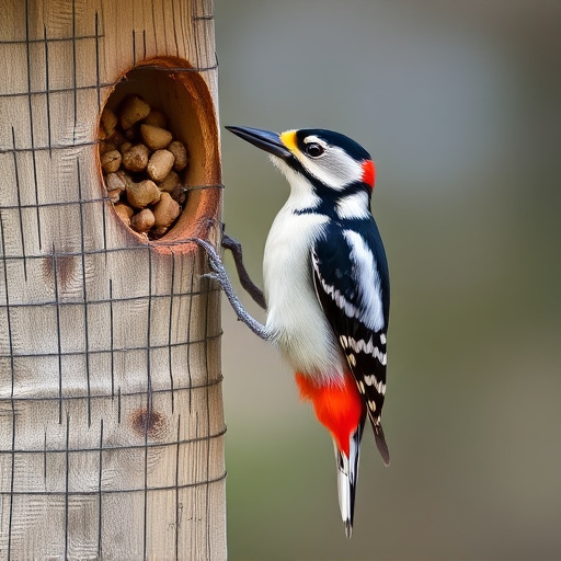 Woodpecker feeding on suet block