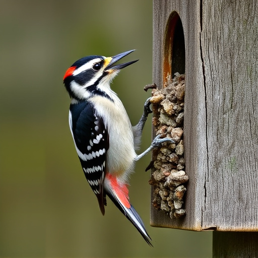Woodpecker feeding on suet block
