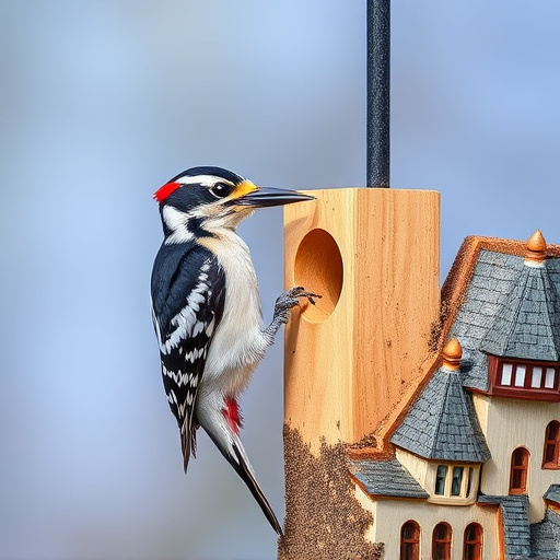 Woodpecker feeding on suet block