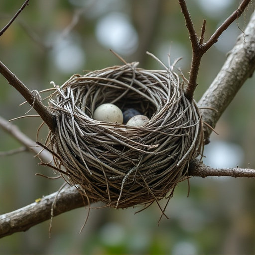 Worn-down nest on tree branch