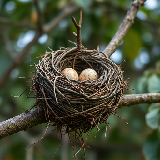 Worn-down nest on tree branch