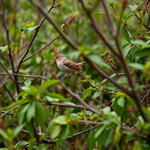 Wren flitting through dense hedgerow