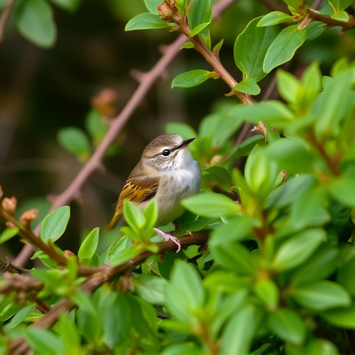 Wren nestled in dense garden shrub