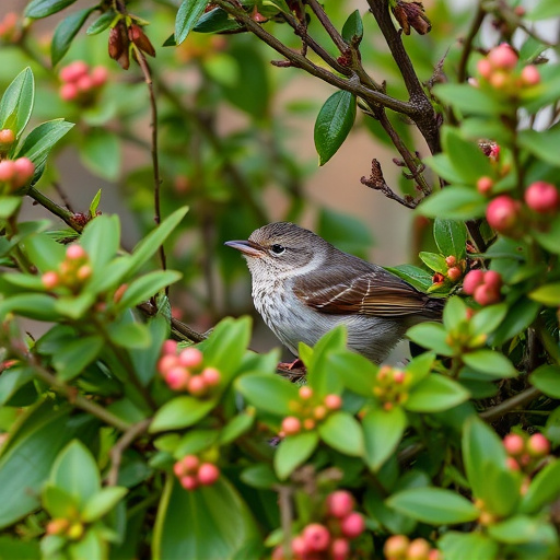 Wren nestled in dense garden shrub