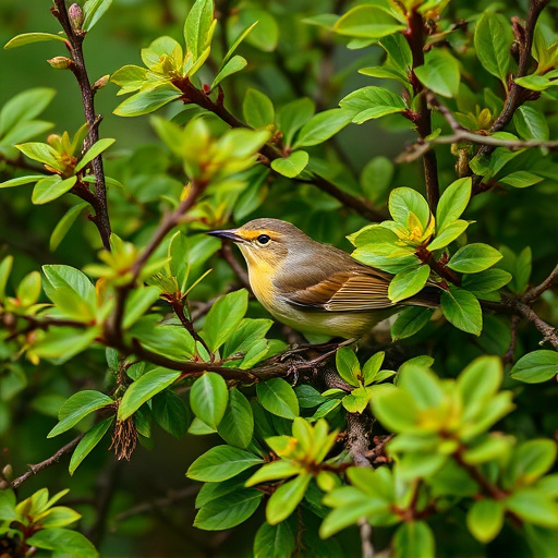 Wren nestled in dense garden shrub