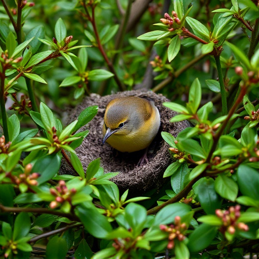 Wren nestled in dense garden shrub