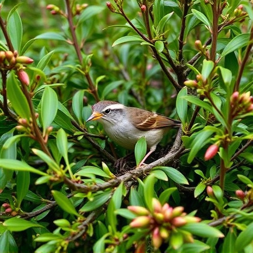 Wren nestled in dense garden shrub