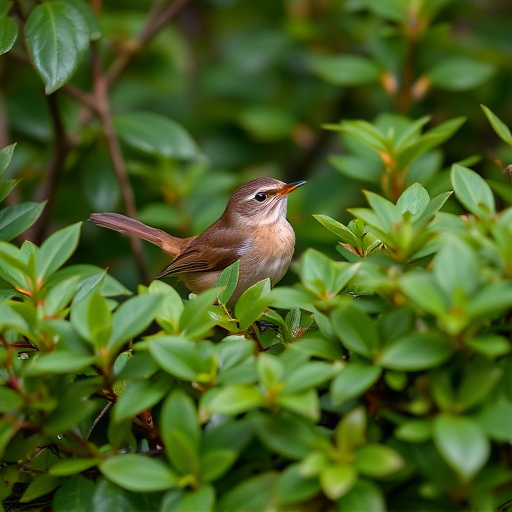 Wren nestled in dense garden shrub