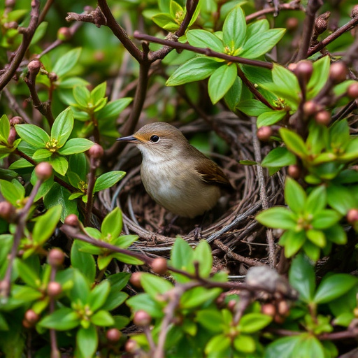 Wren nestled in dense garden shrub