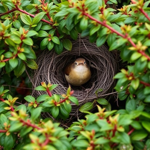 Wren nestled in dense garden shrub