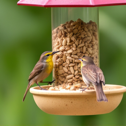 Wrens eating from hanging seed feeder