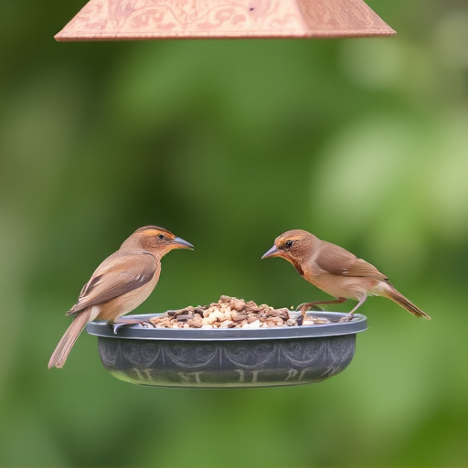 Wrens eating from hanging seed feeder