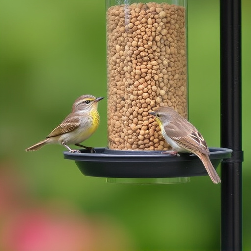 Wrens eating from hanging seed feeder