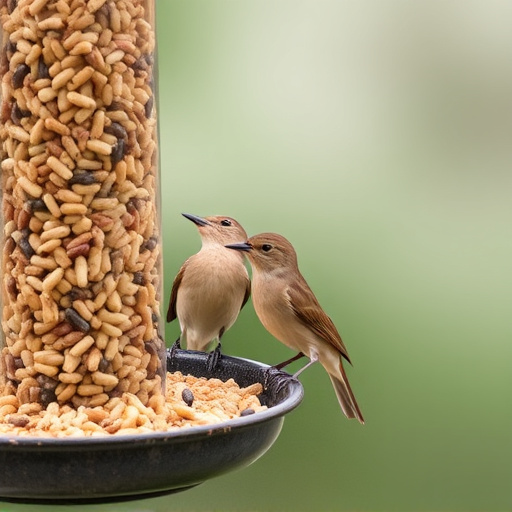 Wrens eating from hanging seed feeder