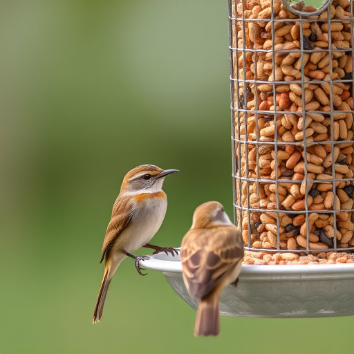 Wrens eating from hanging seed feeder