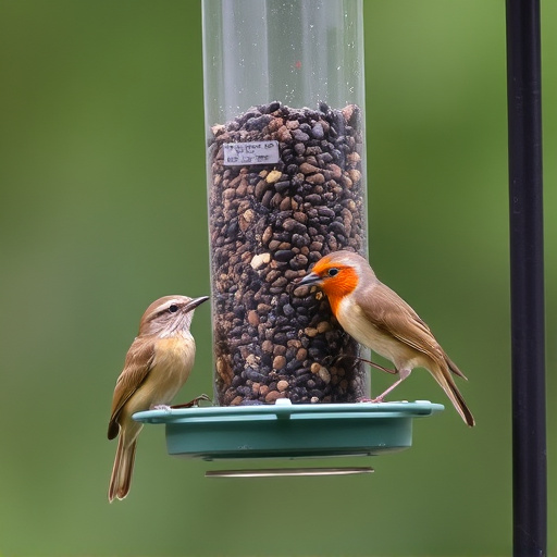 Wrens eating from hanging seed feeder