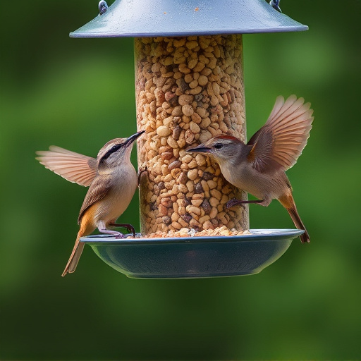 Wrens eating from hanging seed feeder